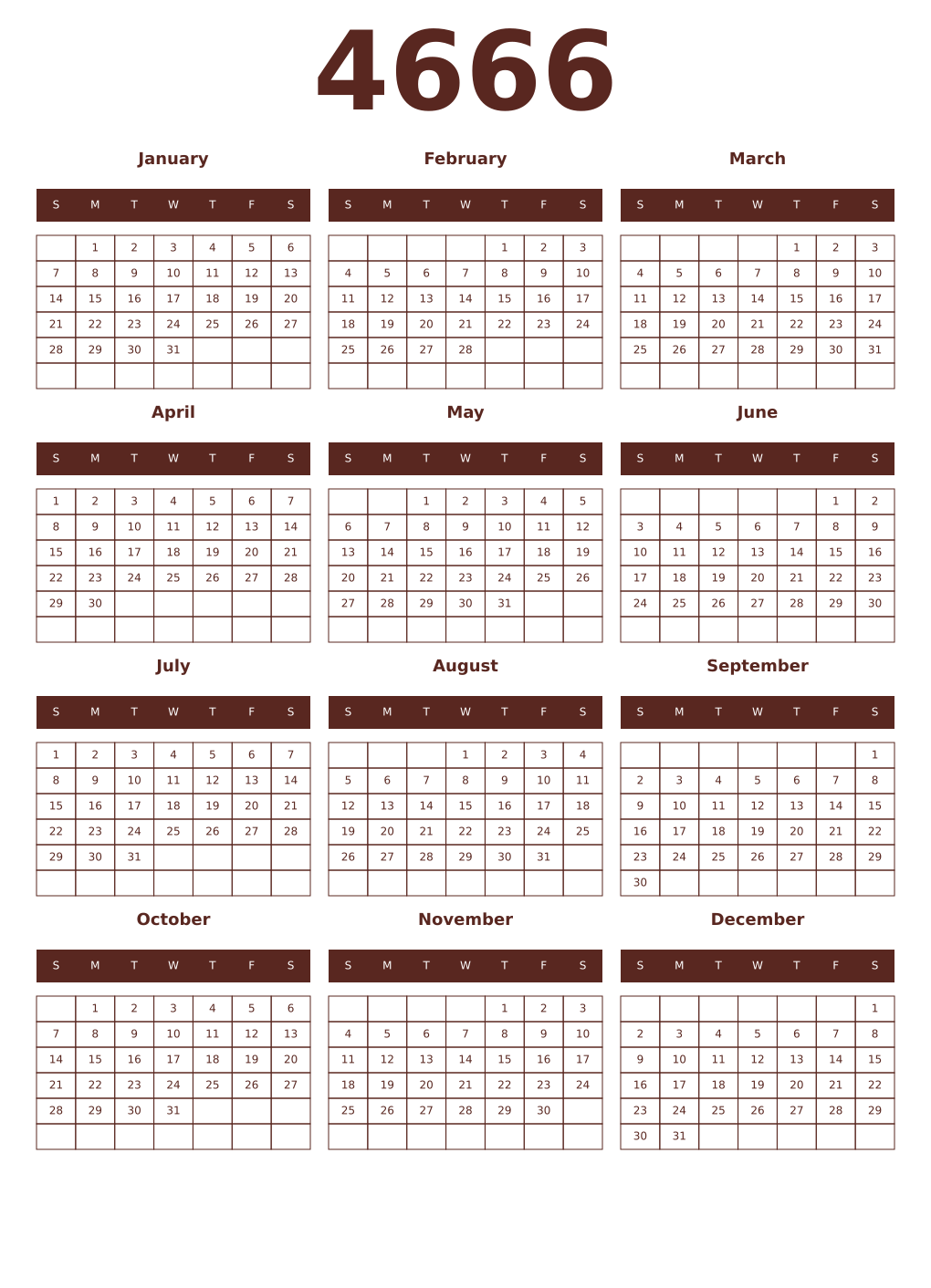 Printable 4666 Year Calendars mortuum
