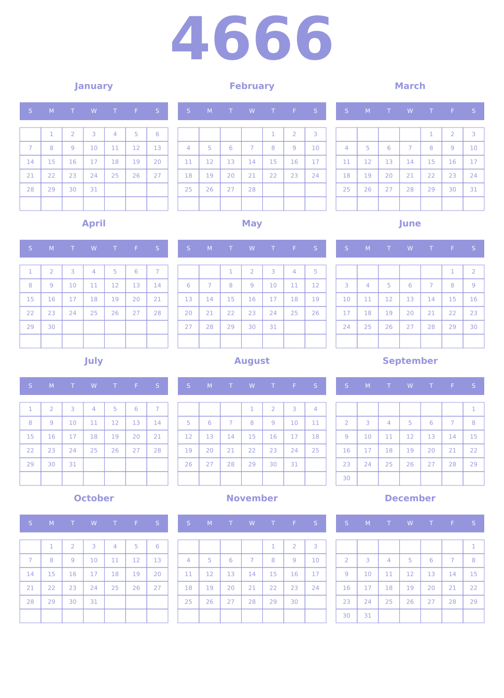 Printable 4666 Year Calendars periwinkle