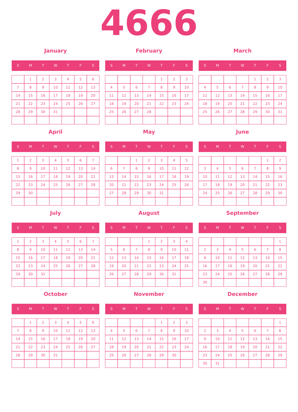 Printable 4666 Year Calendars pink