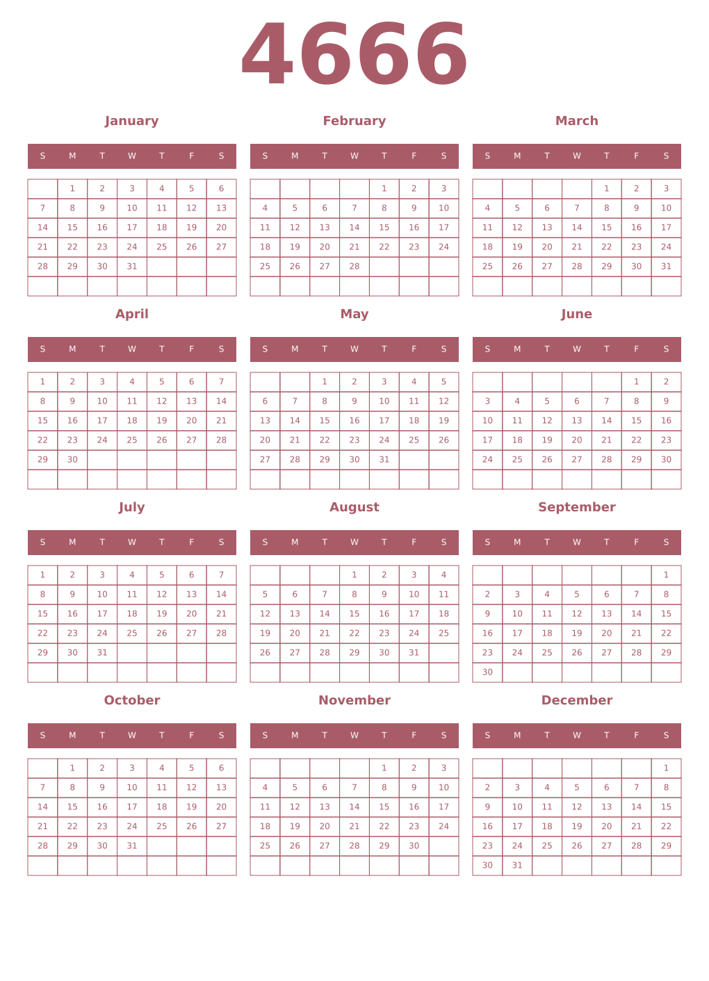 Printable 4666 Year Calendars puce