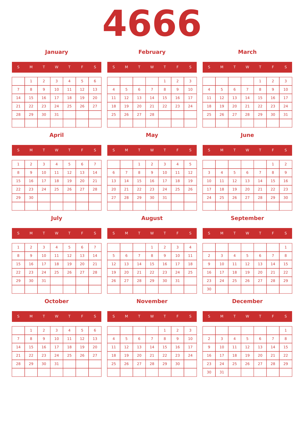 Printable 4666 Year Calendars red