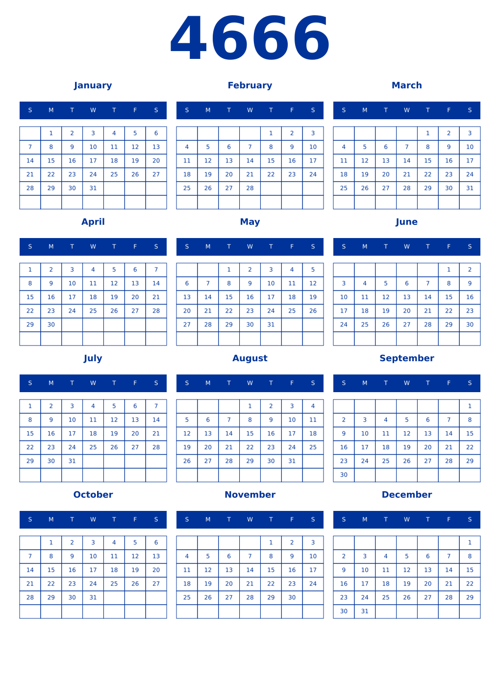 Printable 4666 Year Calendars smalt