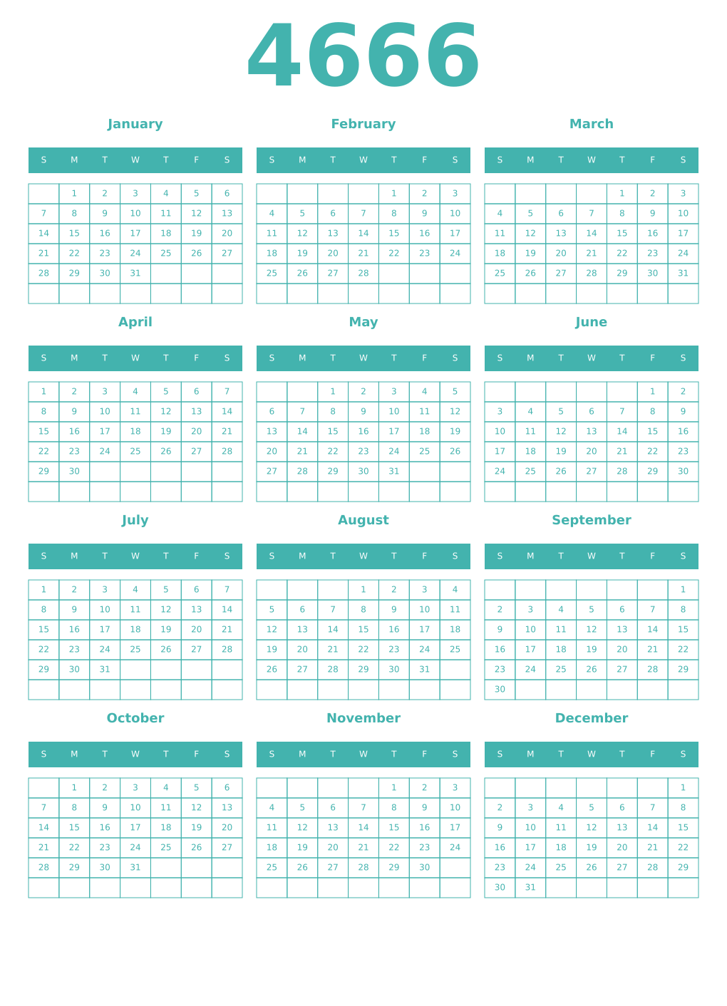 Printable 4666 Year Calendars verdigris