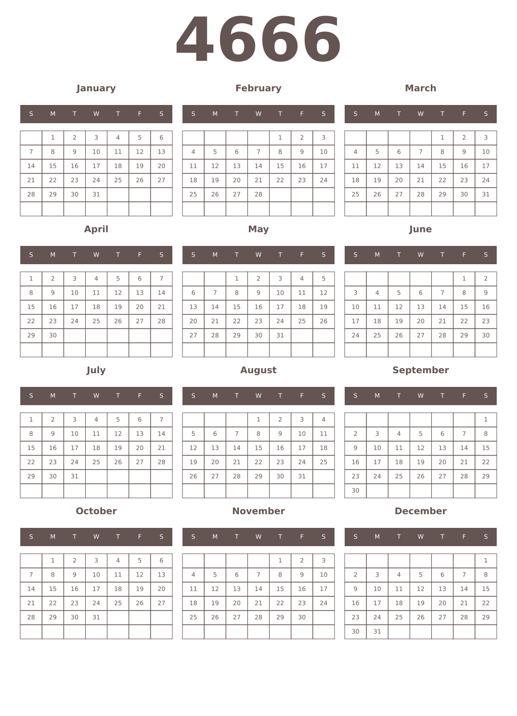 Printable 4666 Year Calendars wenge