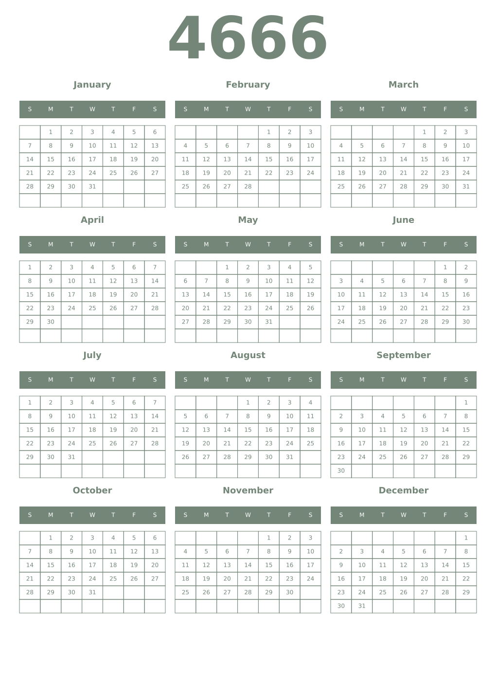 Printable 4666 Year Calendars xanadu