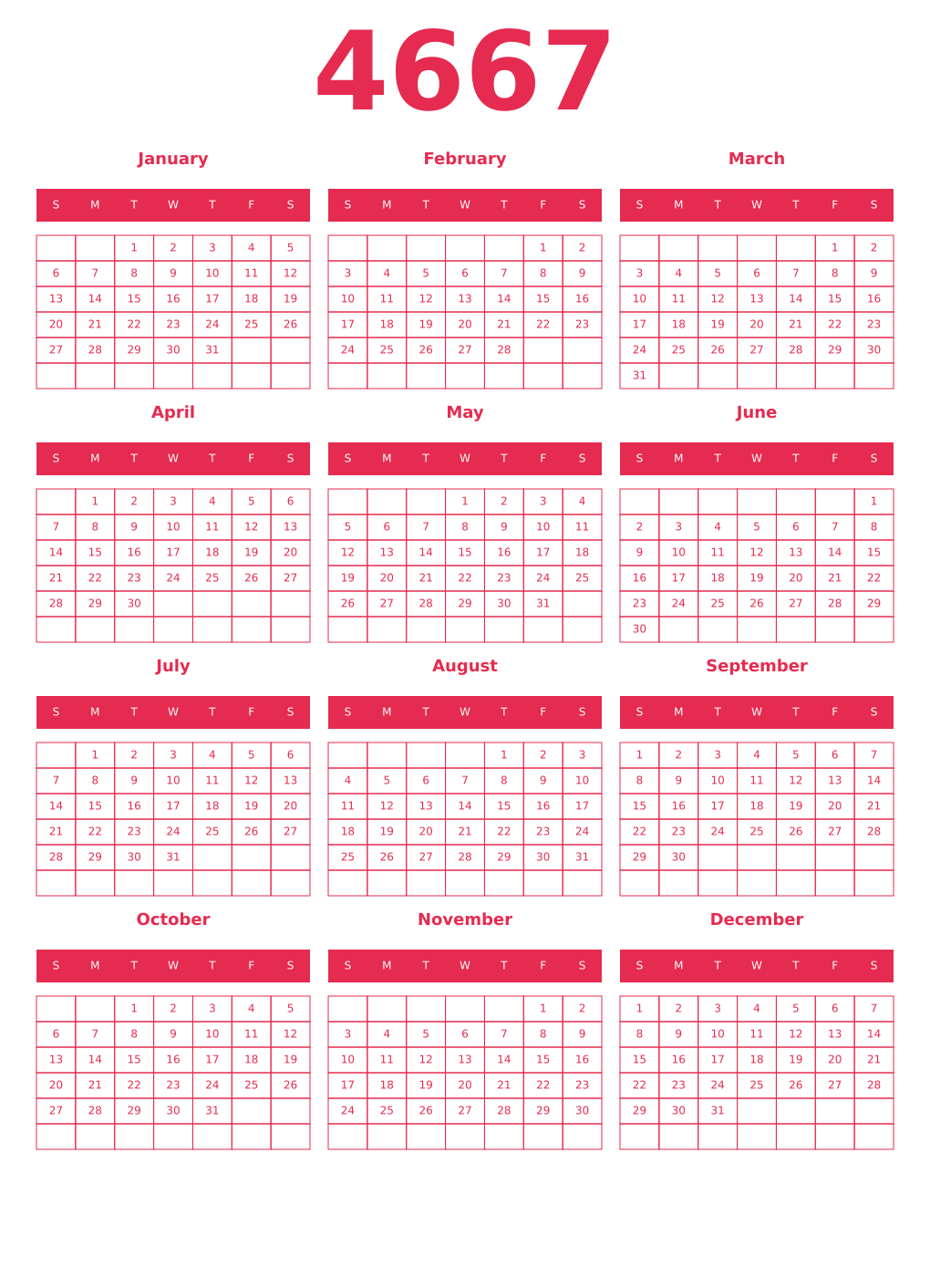 Printable 4667 Year Calendars amaranth