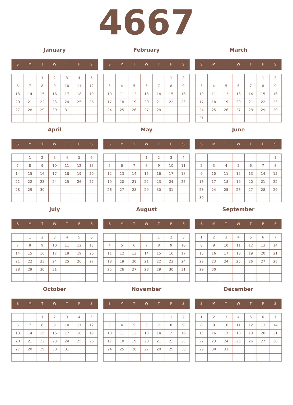 Printable 4667 Year Calendars coffe