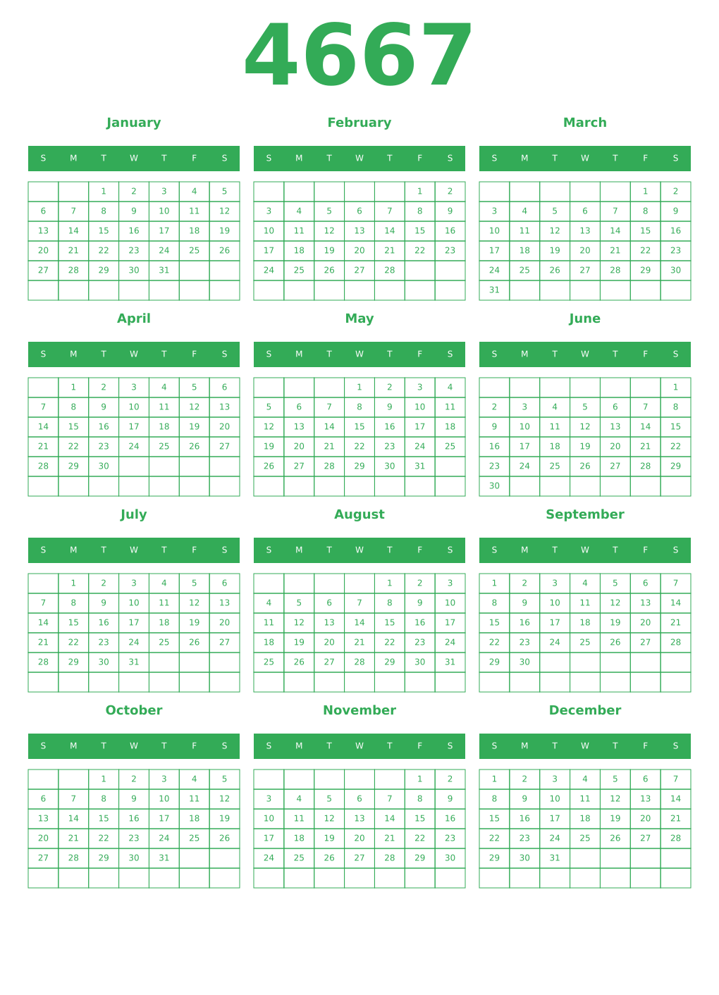 Printable 4667 Year Calendars green