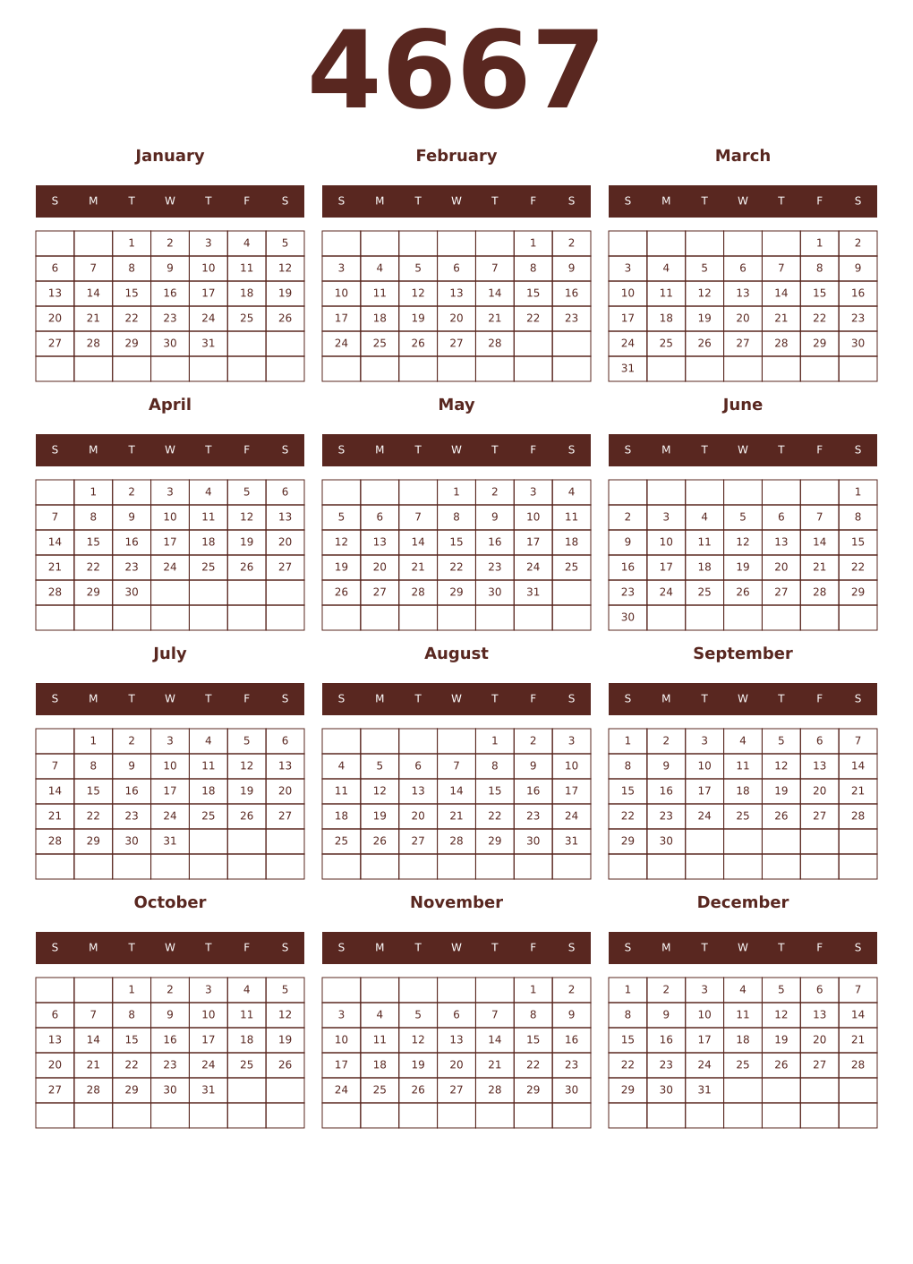 Printable 4667 Year Calendars mortuum