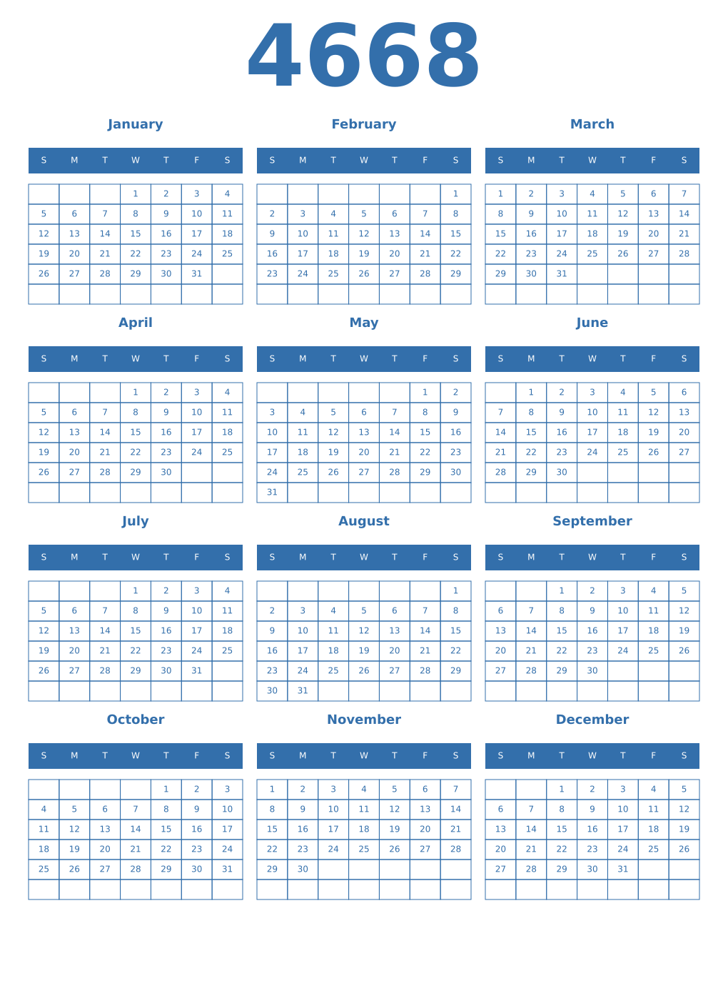 Printable 4668 Year Calendars blue
