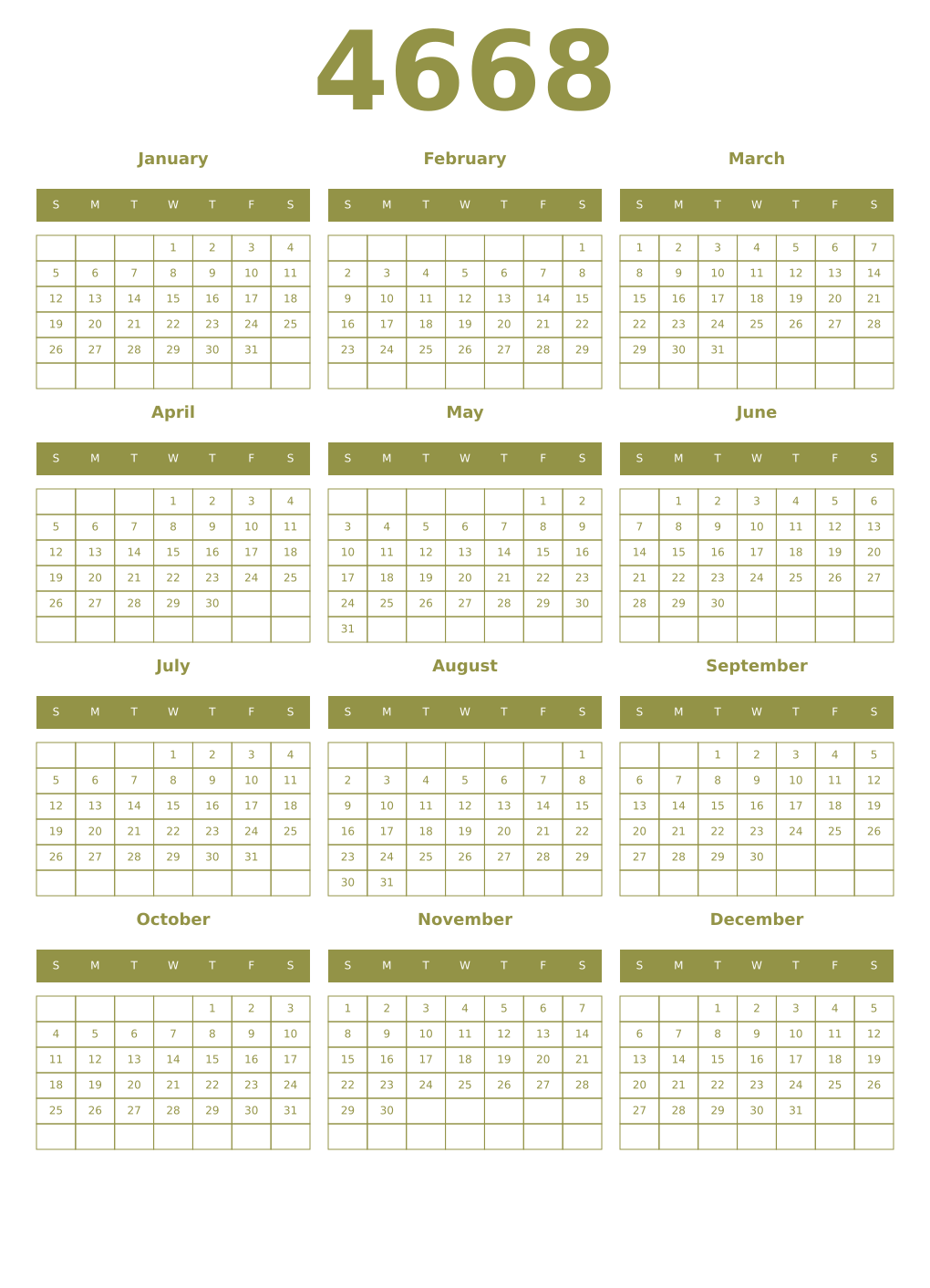 Printable 4668 Year Calendars eburnean