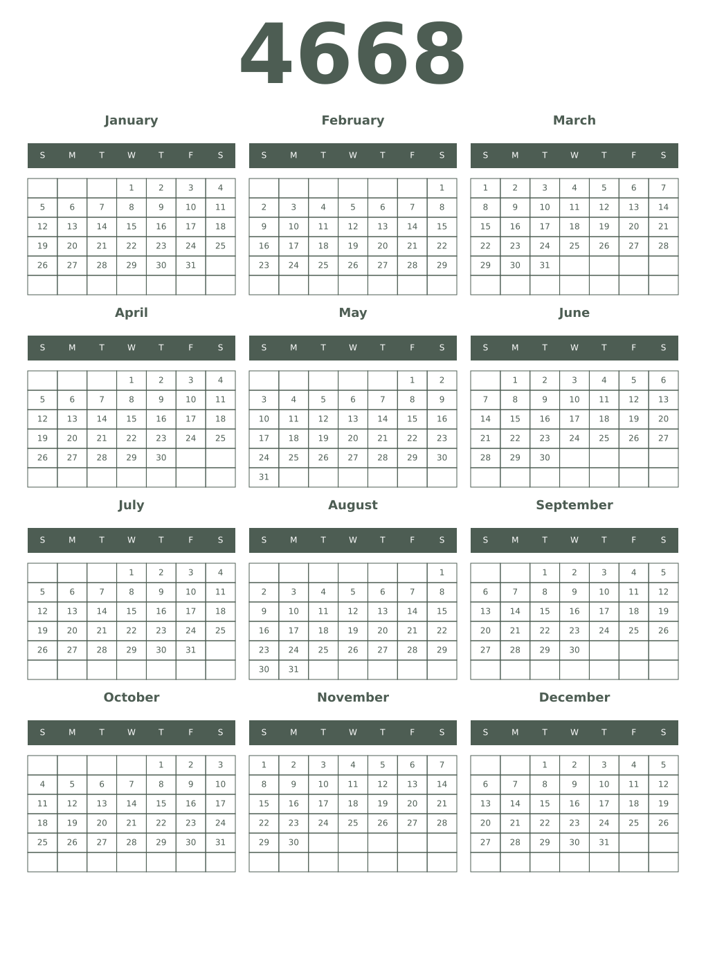 Printable 4668 Year Calendars feldgrau