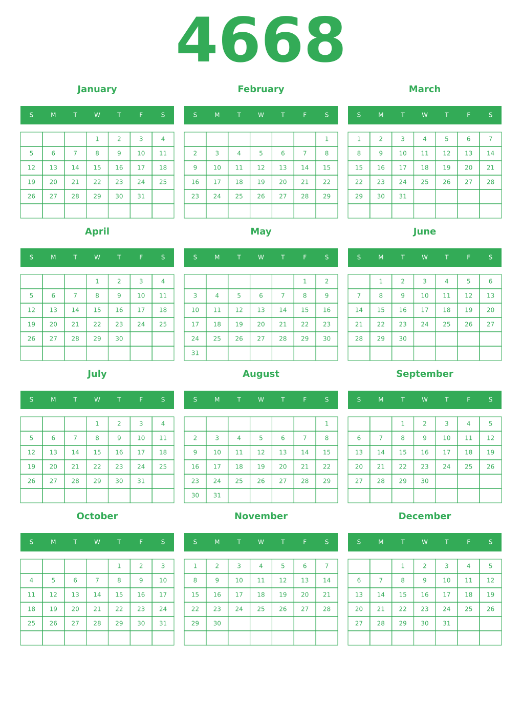Printable 4668 Year Calendars green
