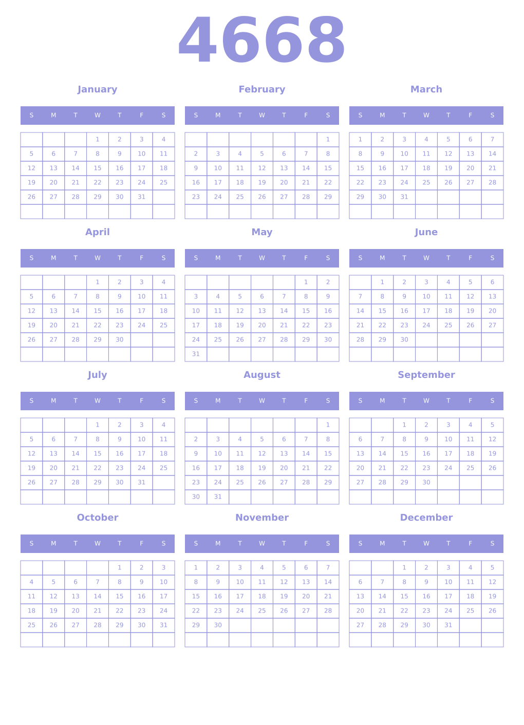 Printable 4668 Year Calendars periwinkle