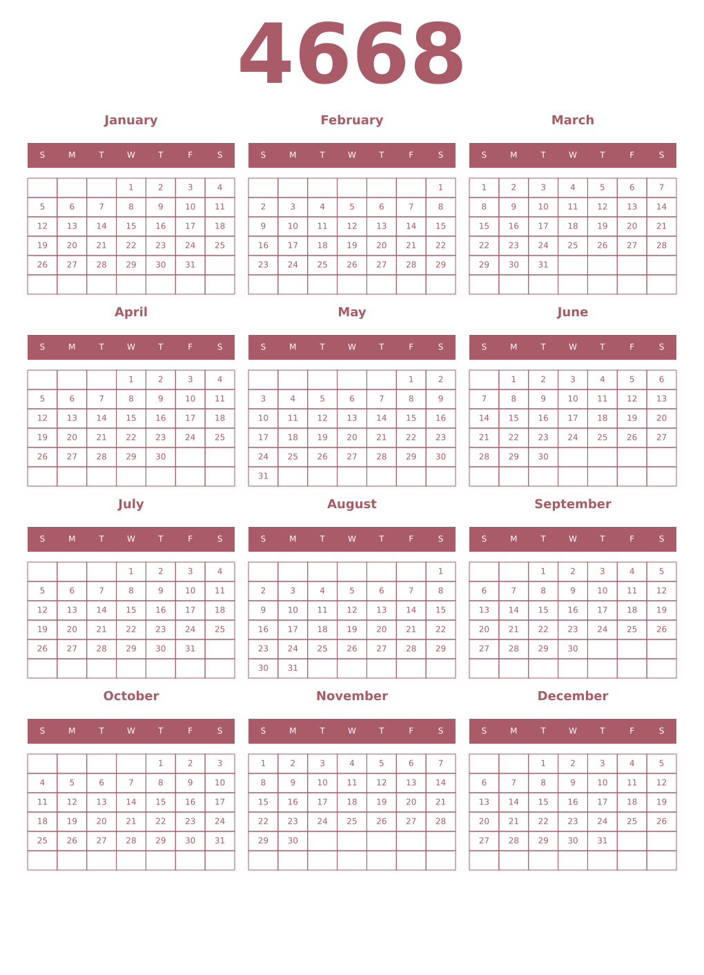 Printable 4668 Year Calendars puce