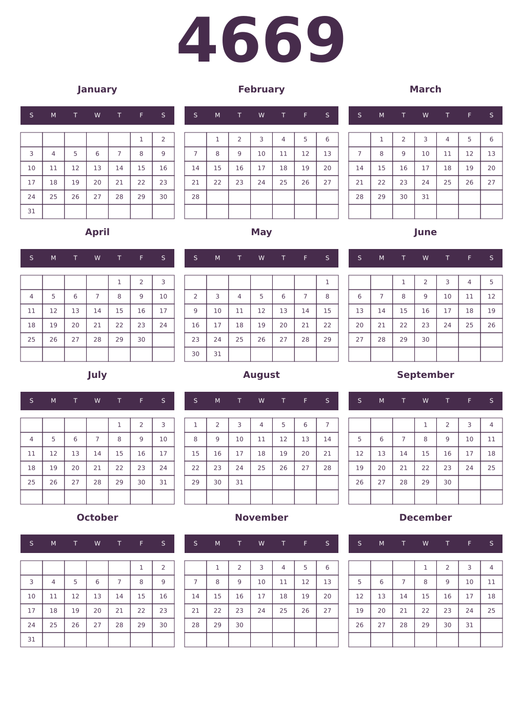 Printable 4669 Year Calendars aubergine