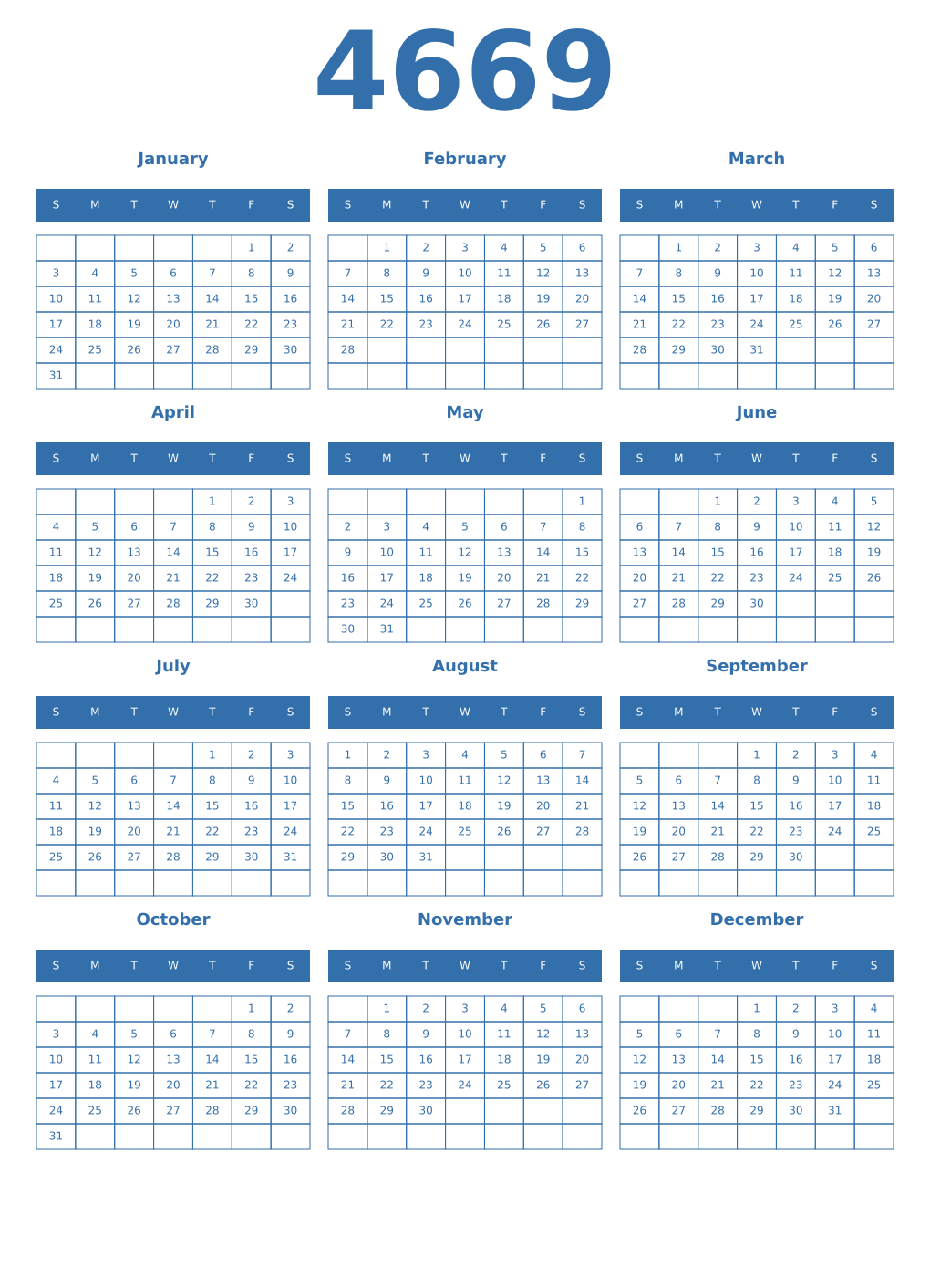 Printable 4669 Year Calendars blue