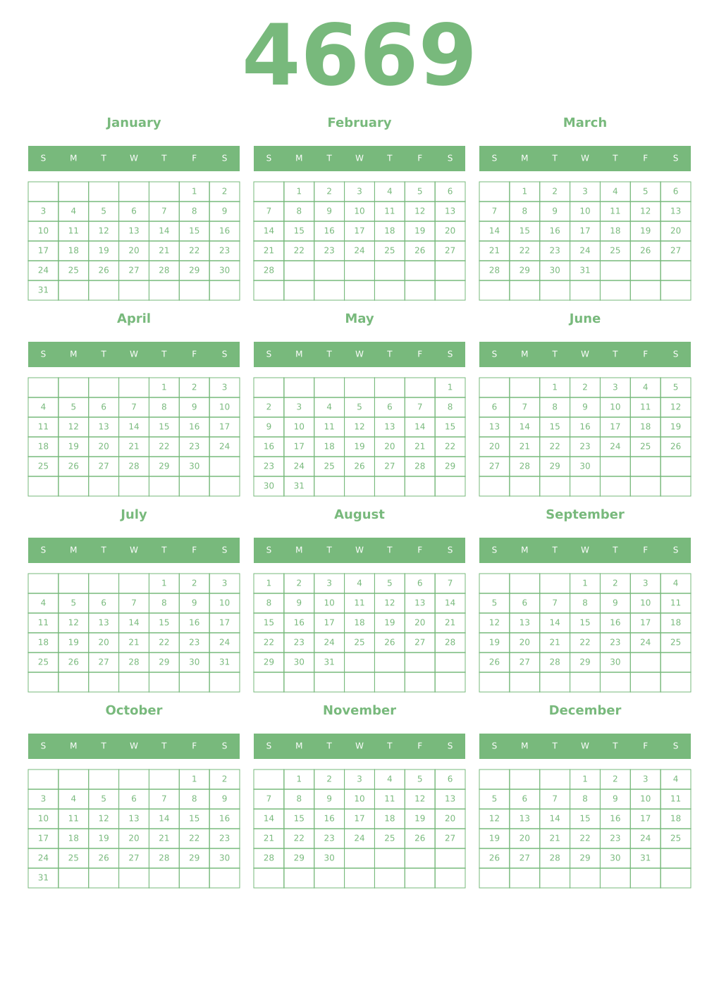 Printable 4669 Year Calendars celadon