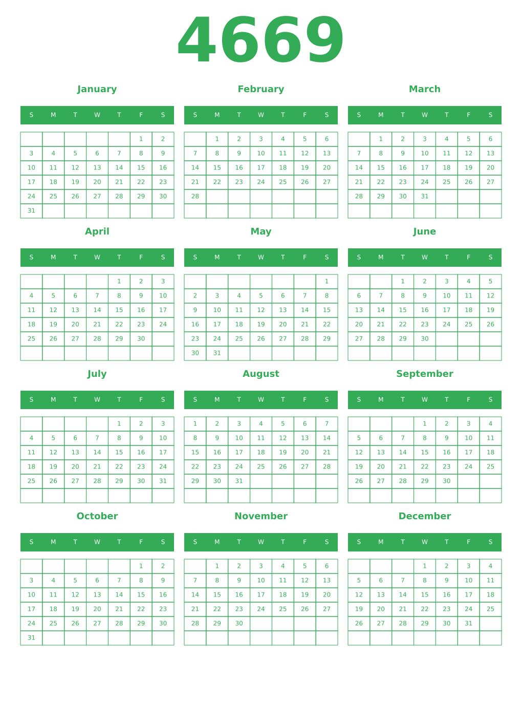 Printable 4669 Year Calendars green