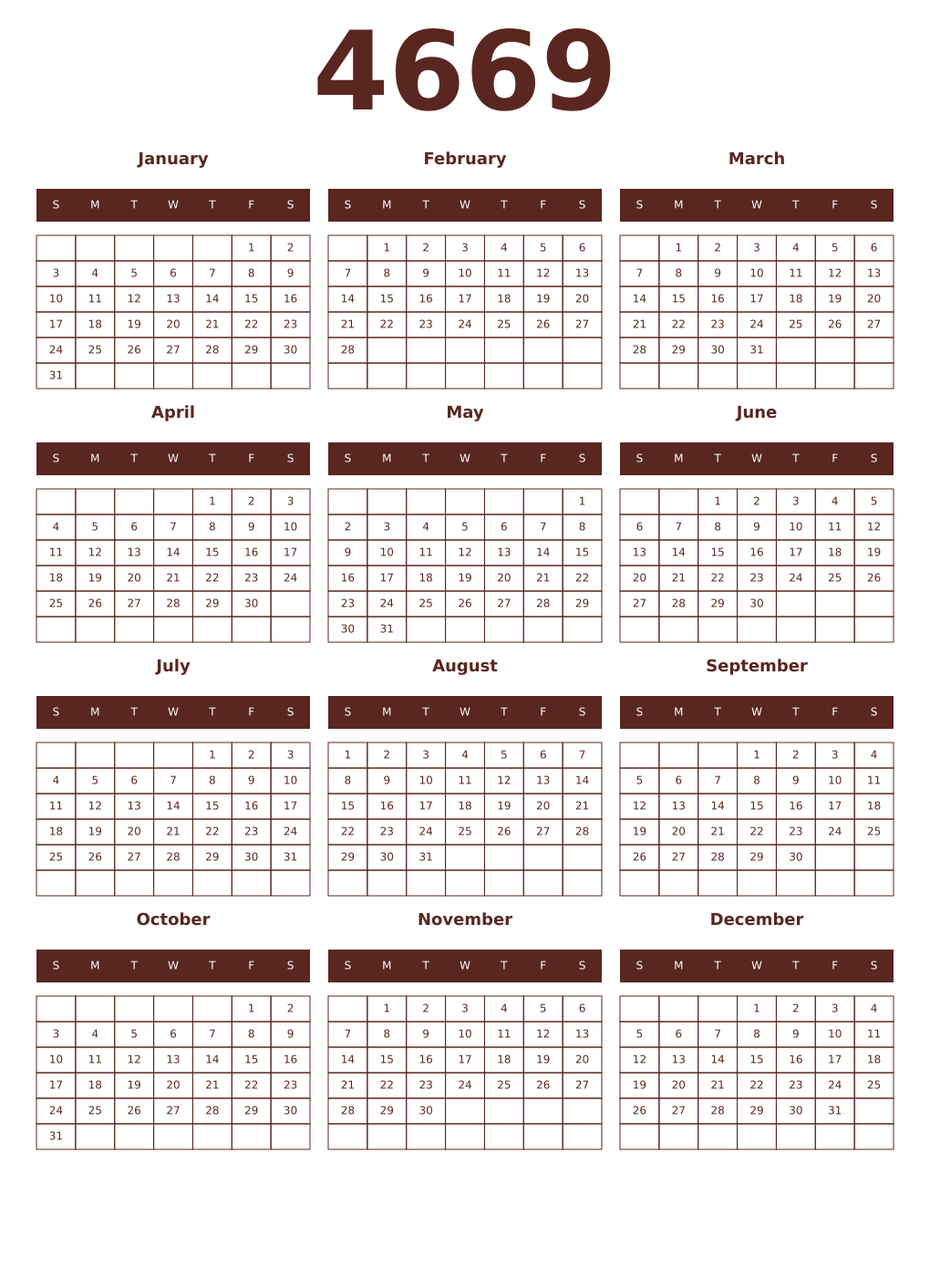 Printable 4669 Year Calendars mortuum