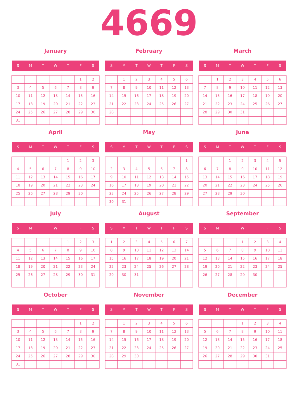 Printable 4669 Year Calendars pink