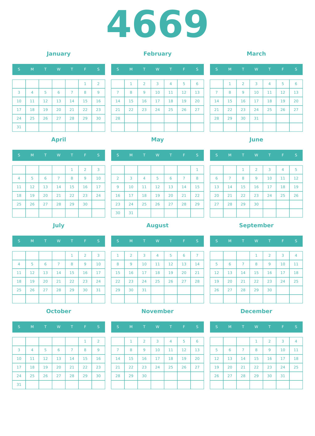 Printable 4669 Year Calendars verdigris