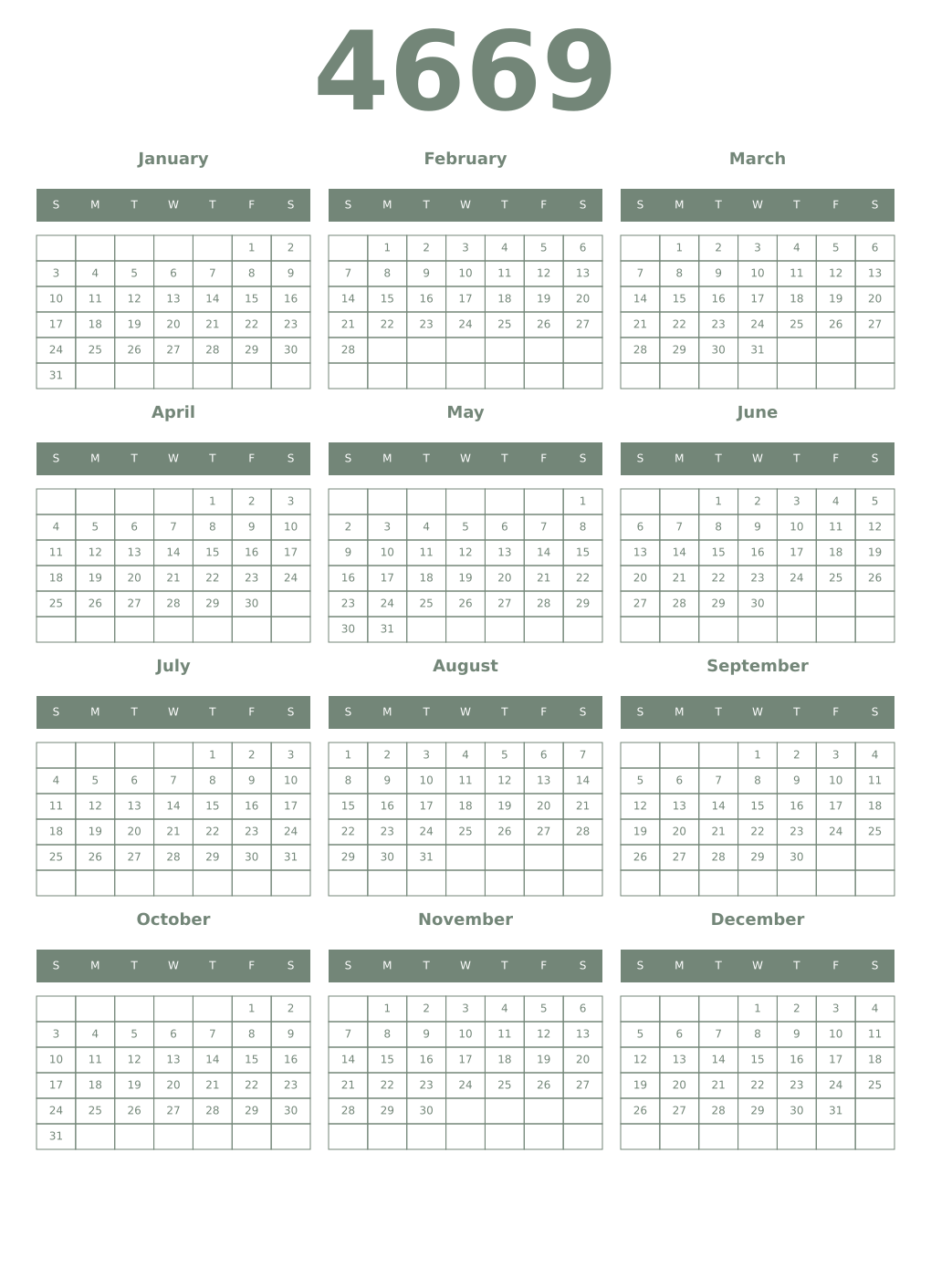 Printable 4669 Year Calendars xanadu