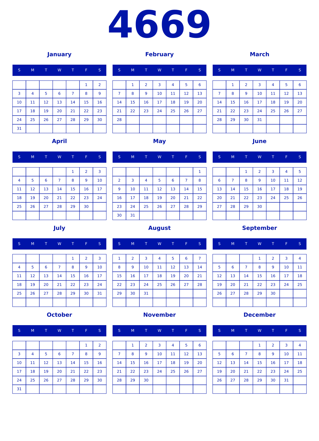 Printable 4669 Year Calendars zaffre
