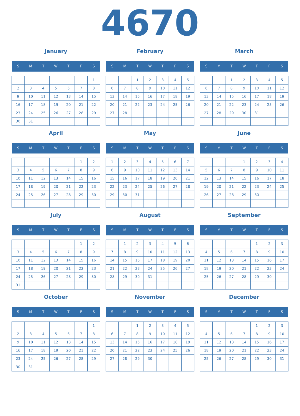 Printable 4670 Year Calendars blue