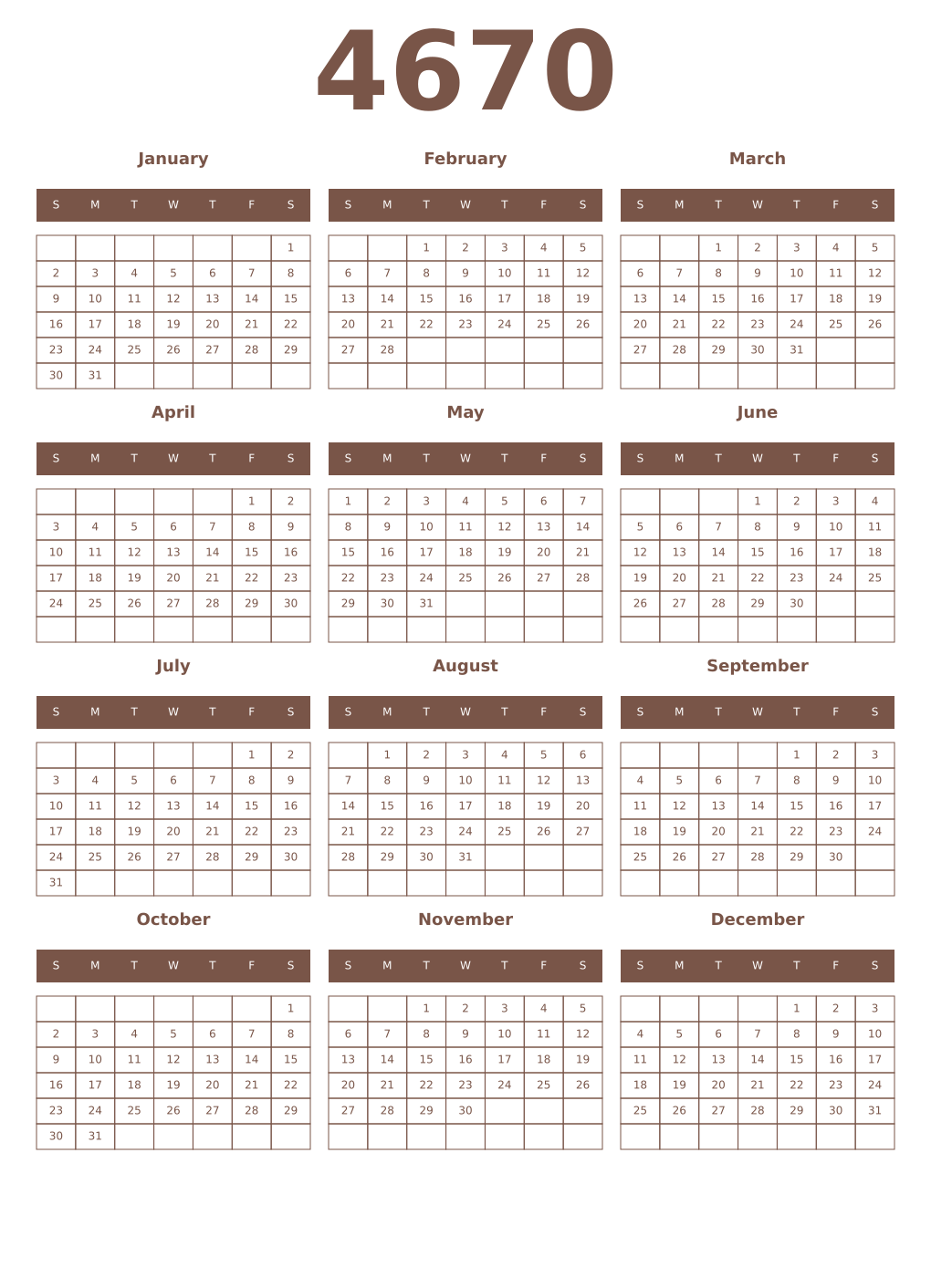 Printable 4670 Year Calendars coffe