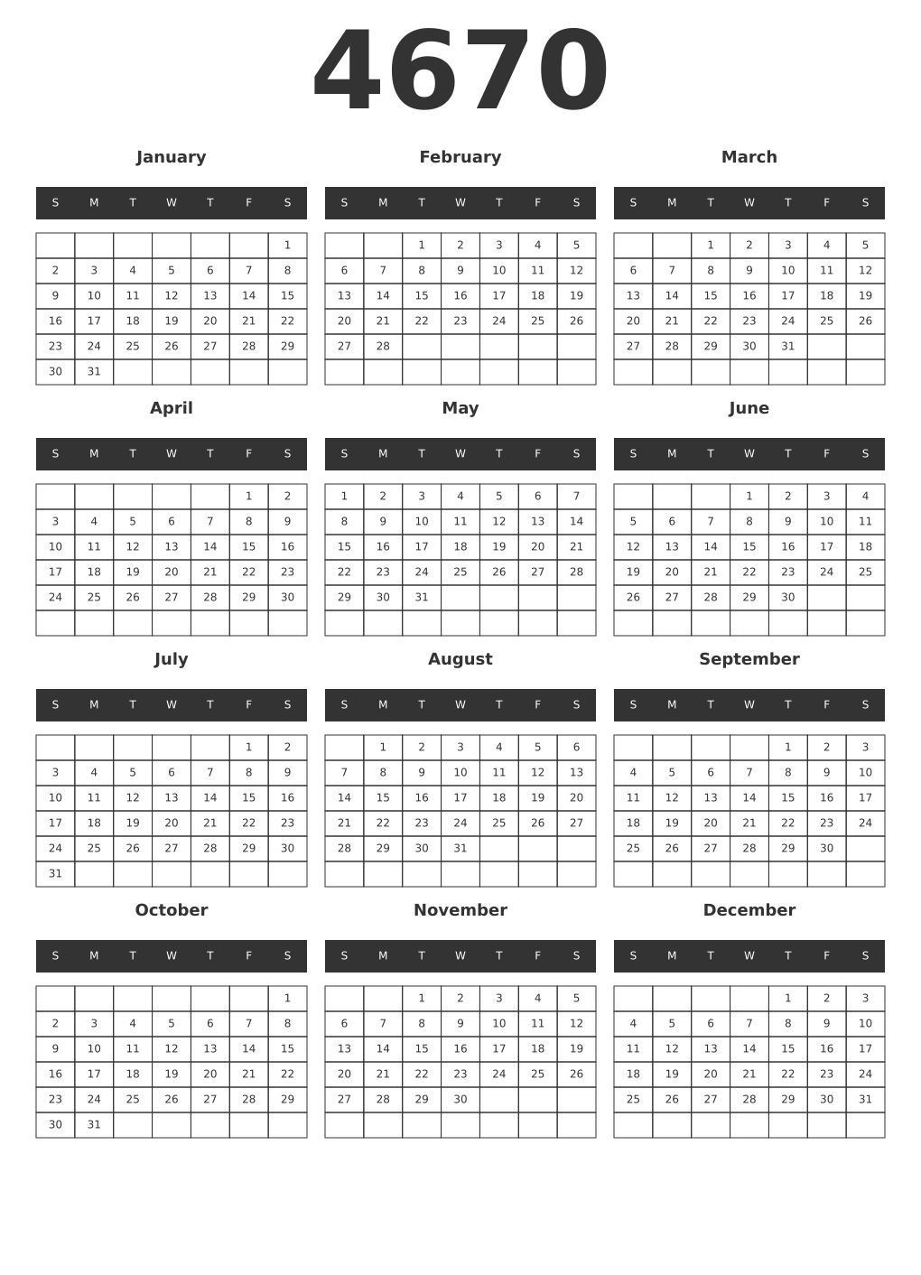 Printable 4670 Year Calendars dark