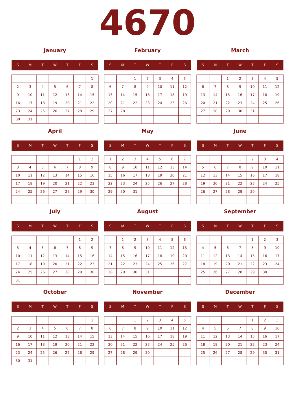 Printable 4670 Year Calendars falu