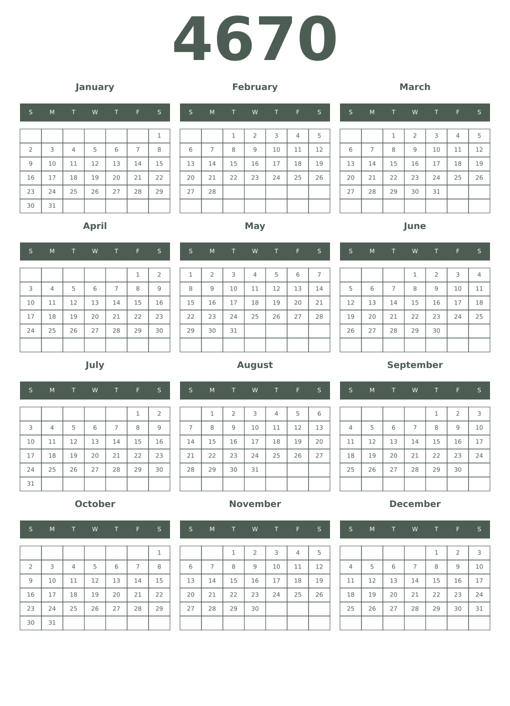 Printable 4670 Year Calendars feldgrau