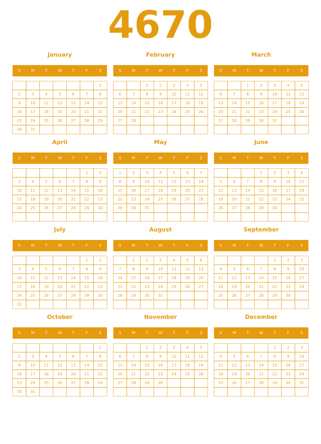 Printable 4670 Year Calendars gamboge
