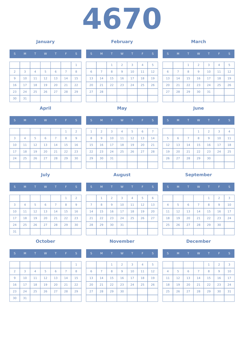 Printable 4670 Year Calendars glaucous
