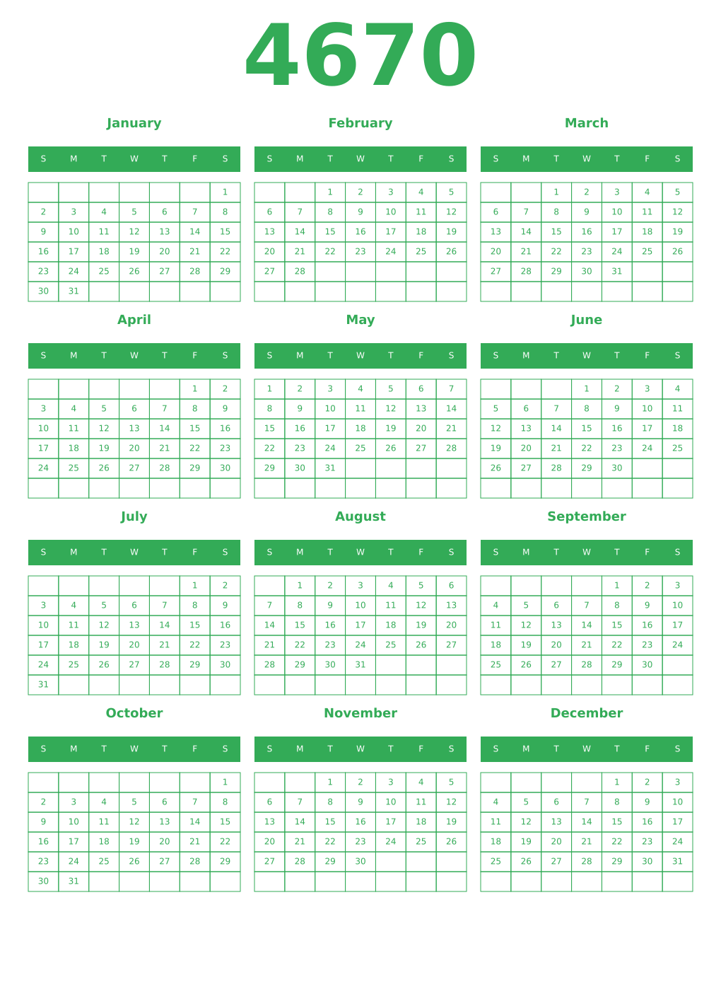 Printable 4670 Year Calendars green
