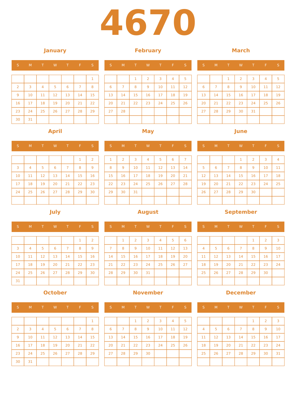 Printable 4670 Year Calendars orange