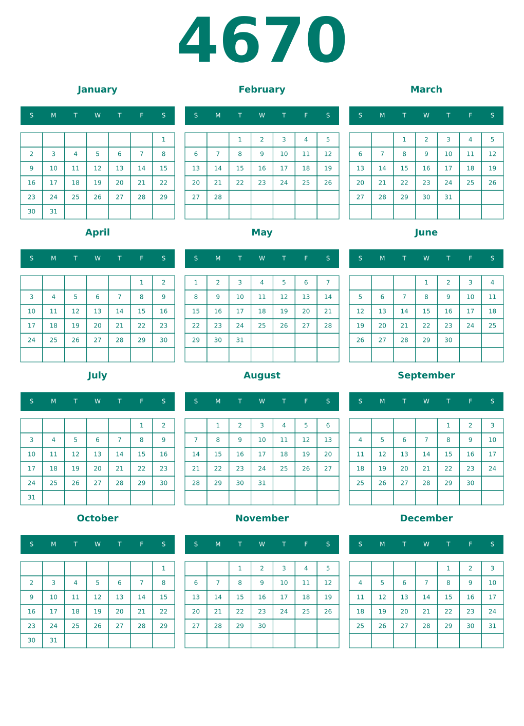 Printable 4670 Year Calendars pastel