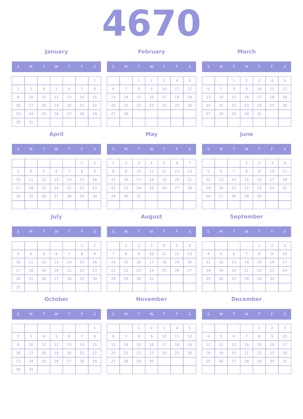 Printable 4670 Year Calendars periwinkle