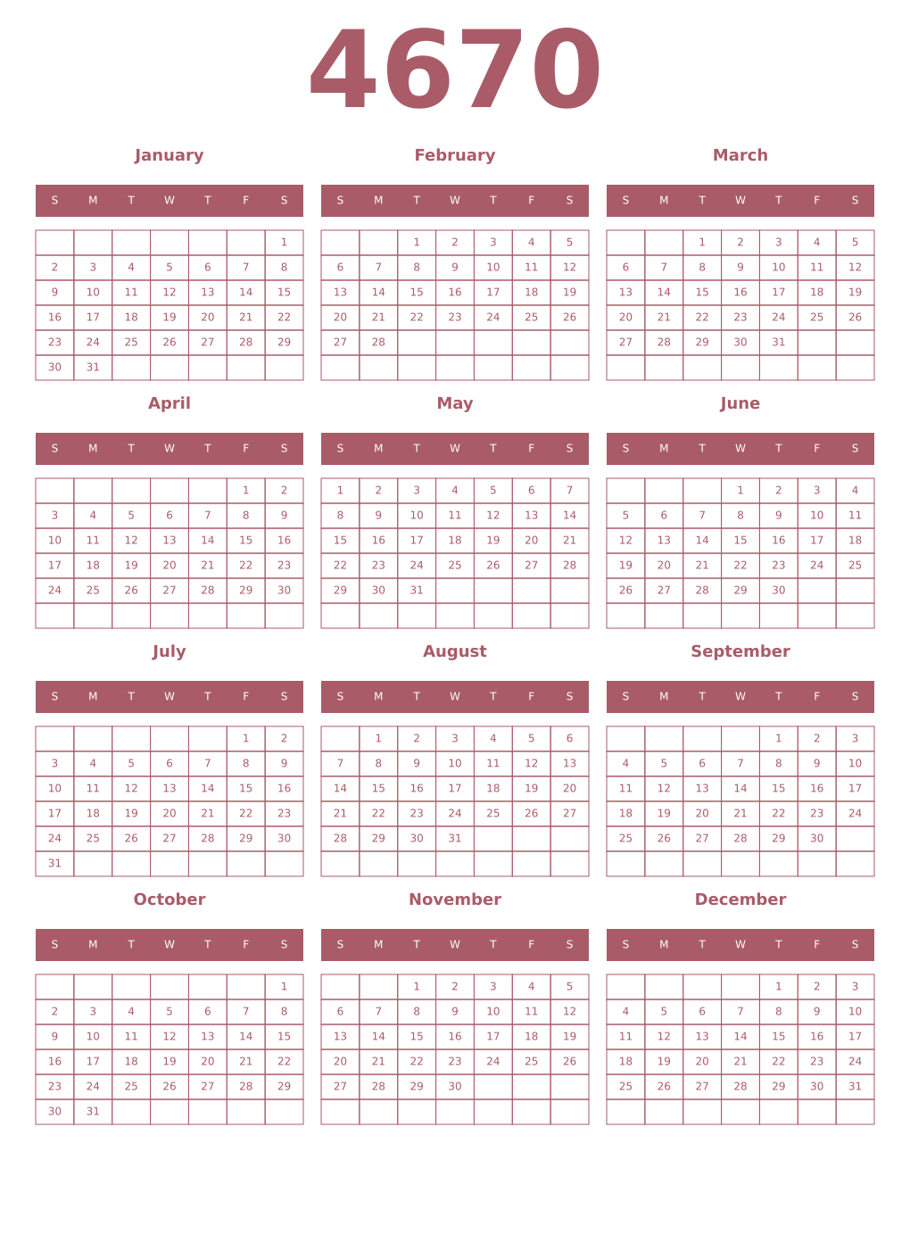 Printable 4670 Year Calendars puce