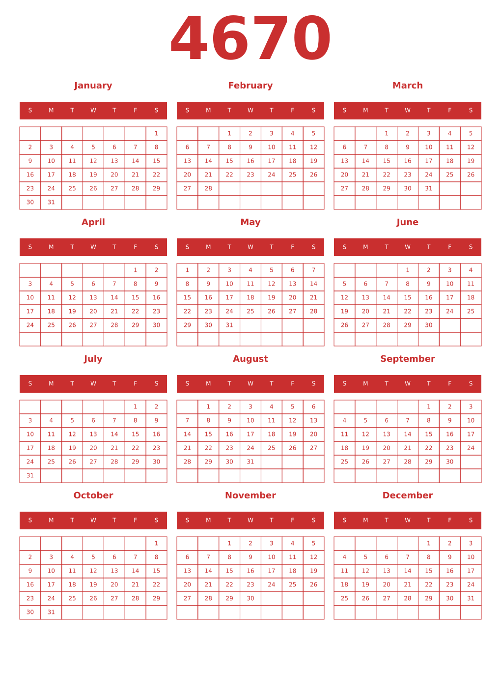 Printable 4670 Year Calendars red