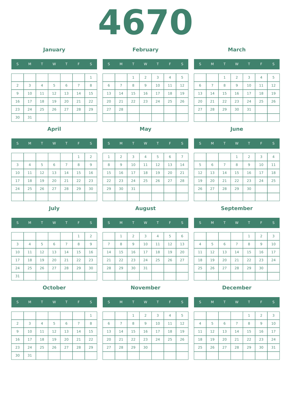 Printable 4670 Year Calendars viridian