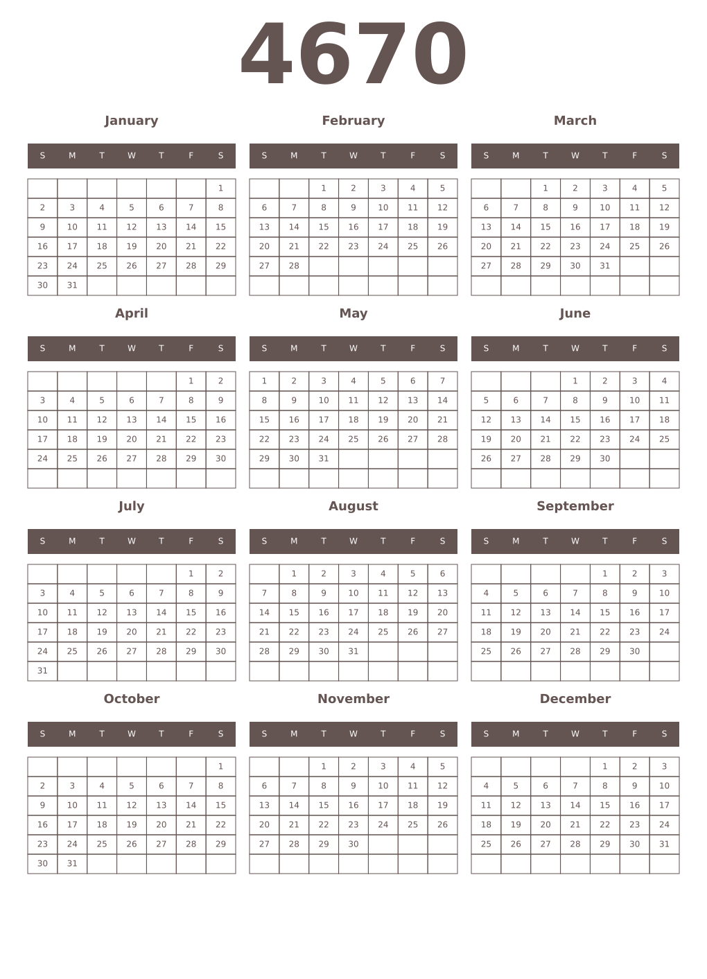 Printable 4670 Year Calendars wenge