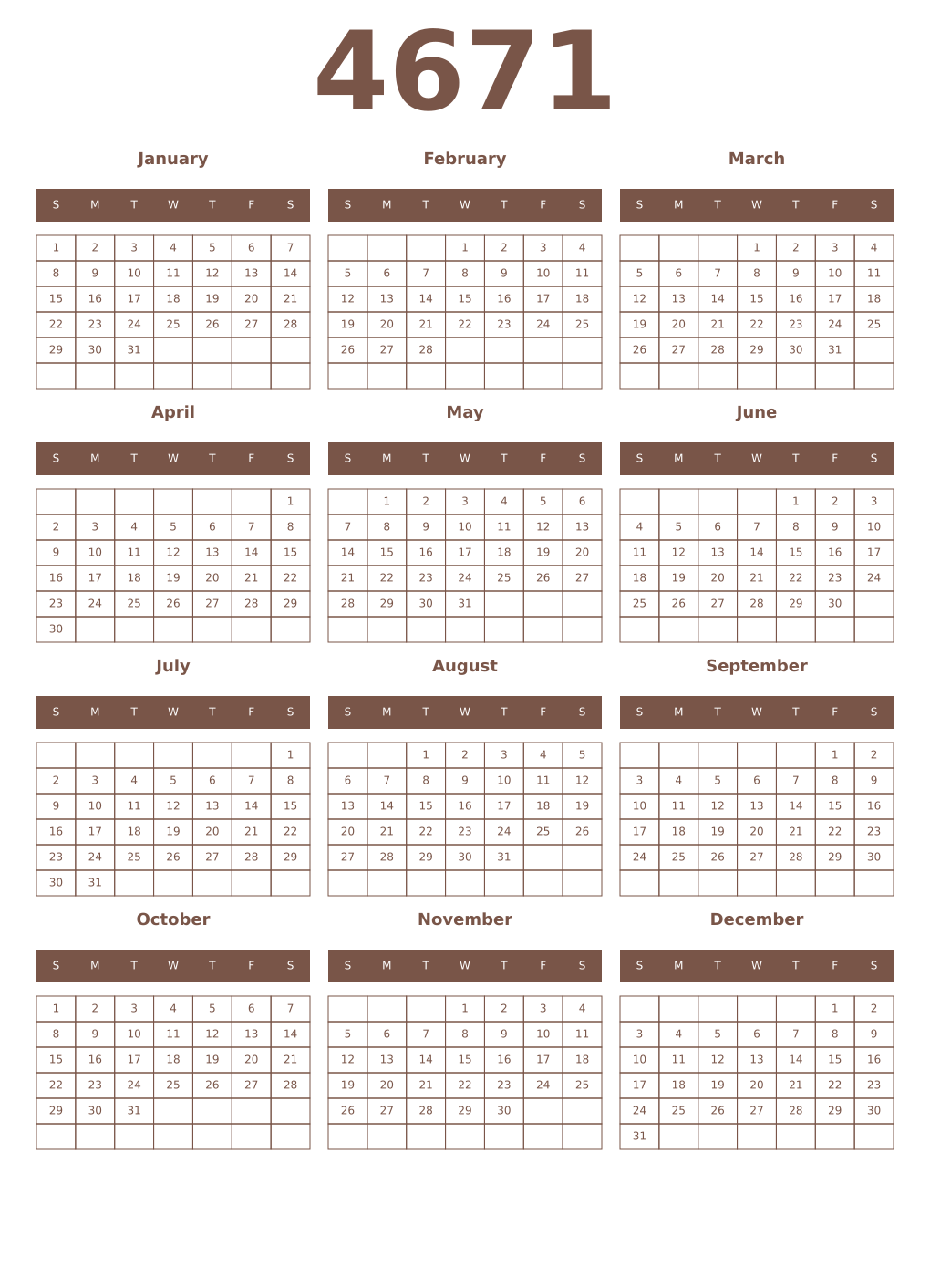 Printable 4671 Year Calendars coffe