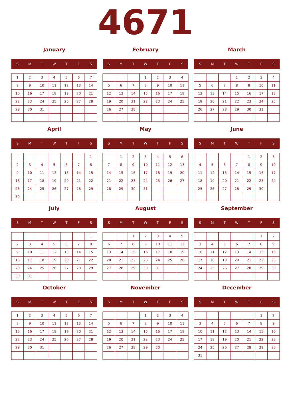Printable 4671 Year Calendars falu