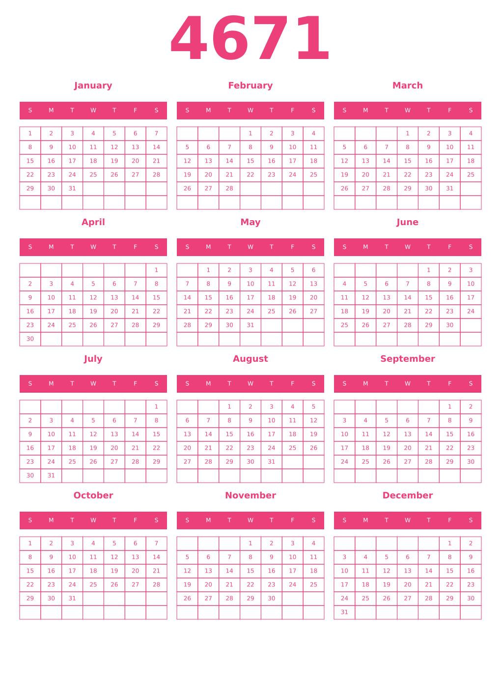 Printable 4671 Year Calendars pink
