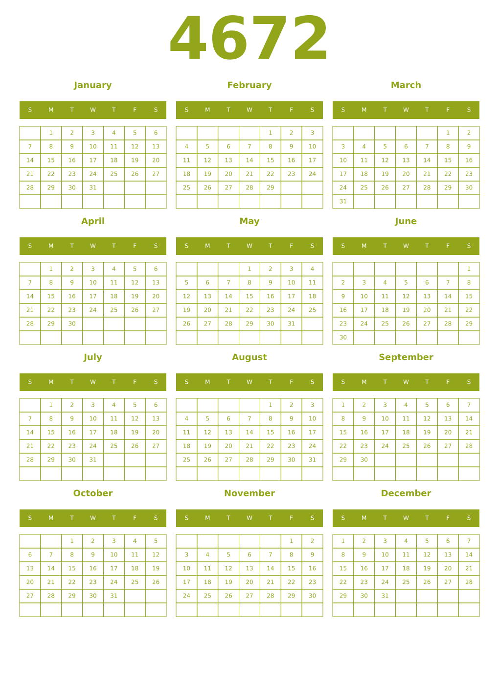 Printable 4672 Year Calendars chartreuse