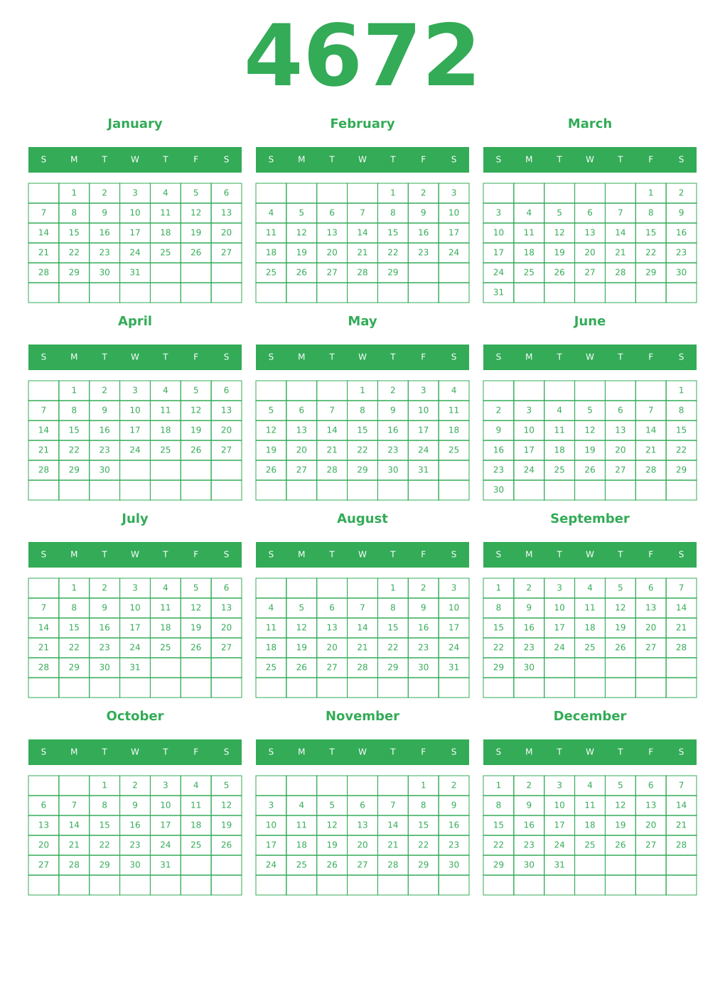 Printable 4672 Year Calendars green