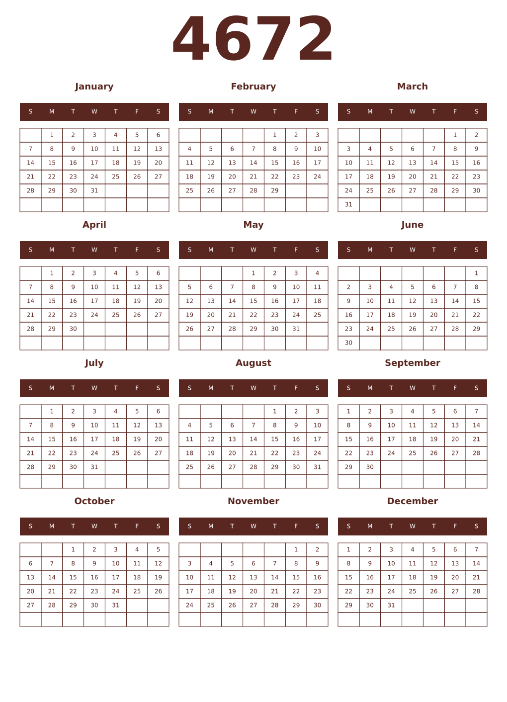 Printable 4672 Year Calendars mortuum