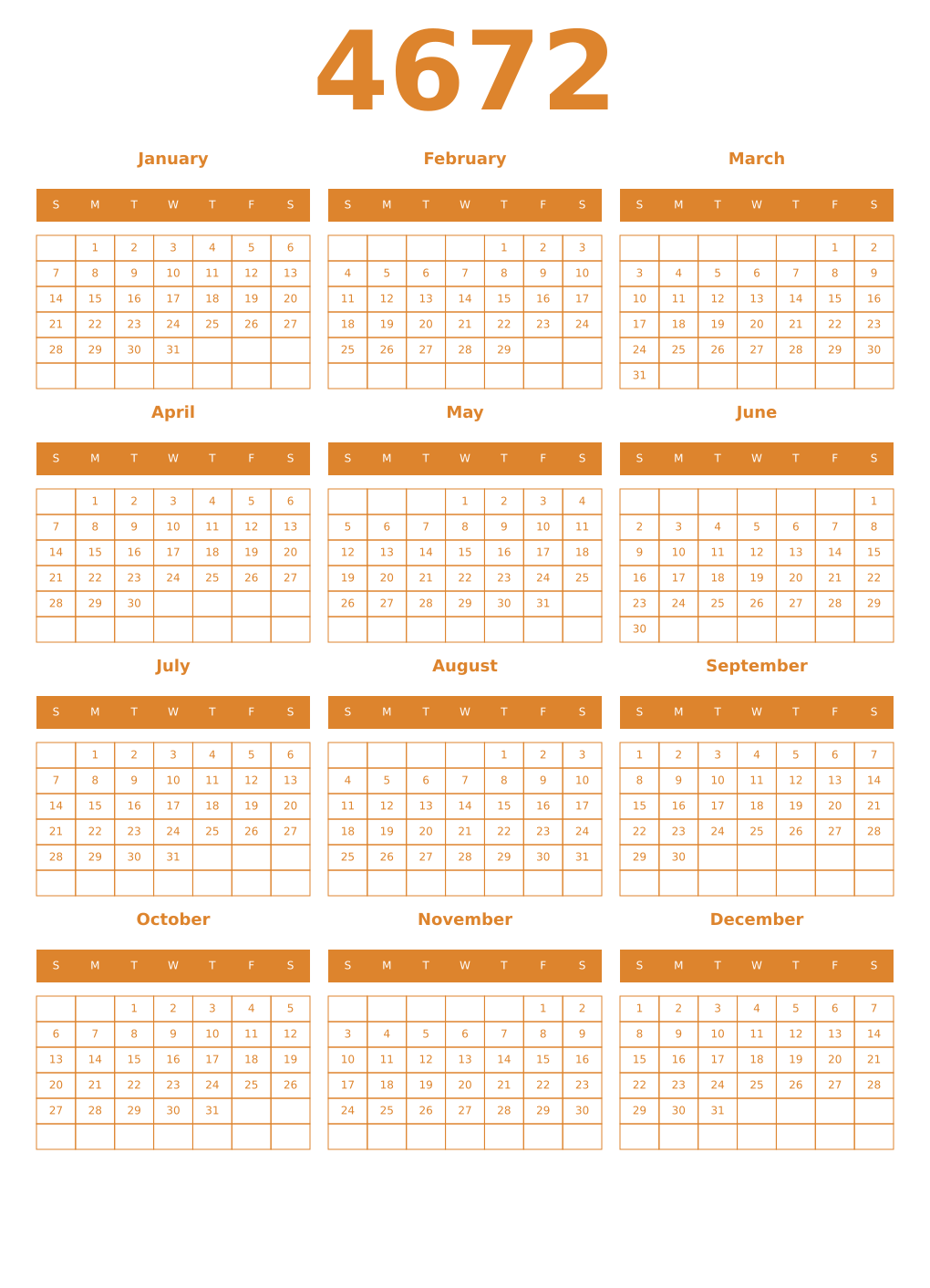 Printable 4672 Year Calendars orange